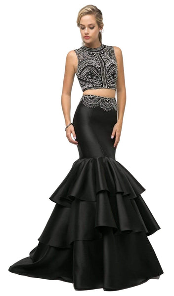 Mermaid Sleeveless Jeweled Neck Beaded Open-Back Tiered Natural Waistline Dress with a Brush/Sweep Train