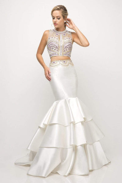 Mermaid Sleeveless Jeweled Neck Natural Waistline Beaded Tiered Open-Back Dress with a Brush/Sweep Train