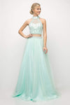 A-line Illusion Sheer Beaded Natural Waistline Halter Floor Length Dress with a Brush/Sweep Train