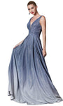 Tall Sophisticated A-line V-neck Floor Length Sleeveless Plunging Neck Metallic Natural Waistline Gathered Back Zipper Fitted Glittering Pleated Sheer V Back Evening Dress with a Brush/Sweep Train