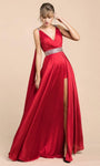 Sexy Sophisticated A-line V-neck Sleeveless Natural Waistline Floor Length Satin Hidden Back Zipper V Back Draped Beaded Open-Back Slit Evening Dress