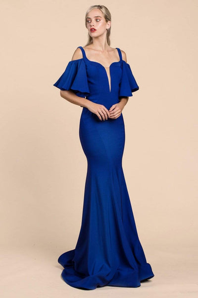 Sophisticated Cold Shoulder Flutter Short Sleeves Sleeves Off the Shoulder Floor Length Natural Waistline Mermaid Sheer Cutout Bandeau Neck Notched Collar Plunging Neck Square Neck Evening Dress with 