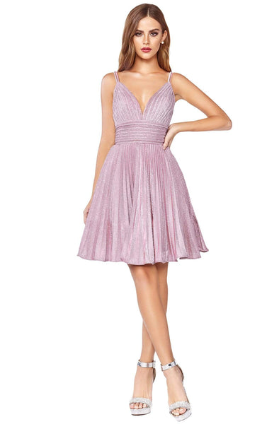 A-line V-neck Plunging Neck Natural Waistline Sleeveless Pleated Fitted Back Zipper Glittering Cocktail Short Party Dress