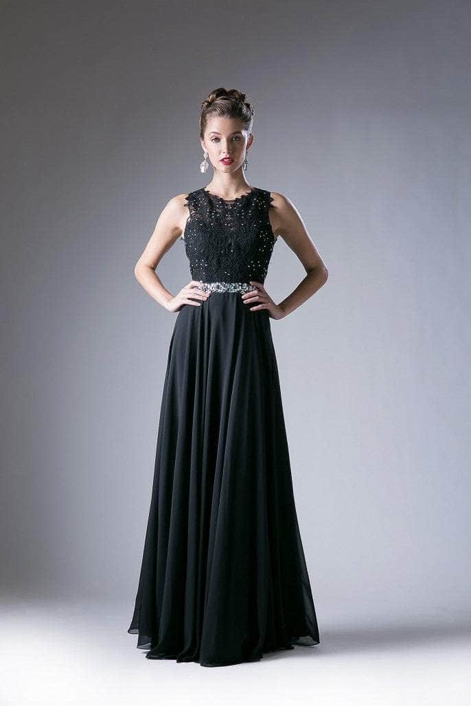 Cinderella Divine - B1601 Embellished Belt Lace A-Line Chiffon Dress