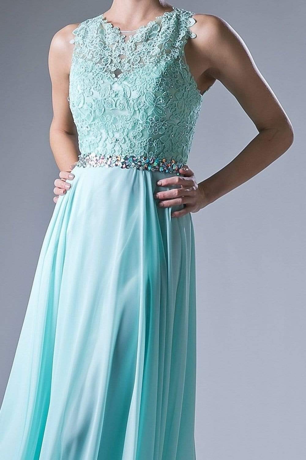 Cinderella Divine - B1601 Embellished Belt Lace A-Line Chiffon Dress

