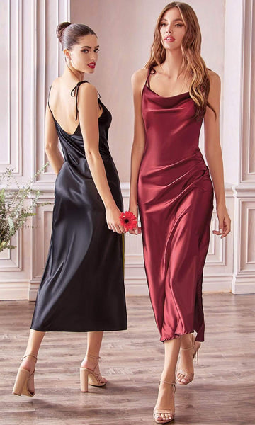 Cowl Neck Tea Length Pleated Slit Asymmetric Sheath Natural Waistline Satin Sleeveless Spaghetti Strap Sheath Dress/Bridesmaid Dress