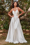 A-line Satin Cowl Neck Floor Length Slit Hidden Back Zipper Sleeveless Spaghetti Strap Natural Waistline Wedding Dress