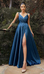 A-line V-neck Wrap Open-Back Back Zipper Slit Draped Spaghetti Strap Satin Natural Waistline Prom Dress with a Brush/Sweep Train