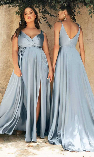 A-line V-neck Spaghetti Strap Draped Open-Back Wrap Back Zipper Slit Satin Natural Waistline Prom Dress with a Brush/Sweep Train