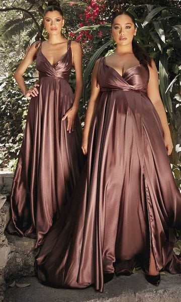 A-line V-neck Satin Natural Waistline Open-Back Draped Wrap Slit Back Zipper Spaghetti Strap Prom Dress with a Brush/Sweep Train