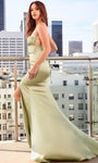 Sleeveless Spaghetti Strap Satin Slit Empire Waistline Straight Neck Sheath Sheath Dress/Prom Dress with a Brush/Sweep Train