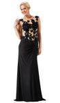 Illusion Beaded Sheer Sheath Floor Length Bateau Neck Jeweled Neck Sleeveless Lace Sheath Dress with a Brush/Sweep Train