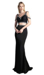 V-neck Floor Length V Back Jeweled Fitted Dress with a Brush/Sweep Train