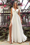 Sophisticated A-line V-neck Satin Ruched Slit Flowy Empire Waistline Sleeveless Plunging Neck Wedding Dress