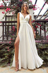 Sophisticated A-line V-neck Satin Sleeveless Plunging Neck Flowy Slit Ruched Empire Waistline Wedding Dress