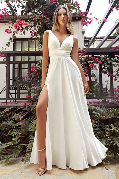 Sophisticated A-line V-neck Sleeveless Satin Empire Waistline Plunging Neck Slit Ruched Flowy Wedding Dress
