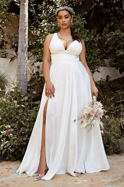Plus Size A-line V-neck Sleeveless Plunging Neck Slit Ruched Open-Back Satin Empire Waistline Wedding Dress