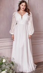 A-line V-neck Natural Waistline Bishop Sleeves Floor Length Shirred Ruched Sheer Wedding Dress