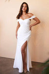 Sophisticated Floor Length Off the Shoulder Sheath Natural Waistline Slit Gathered Open-Back Ruched Jersey Sheath Dress/Wedding Dress