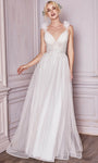 A-line V-neck Ruched Lace-Up Fitted Open-Back Applique V Back Sheer Floral Print Natural Waistline Sleeveless Tulle Wedding Dress