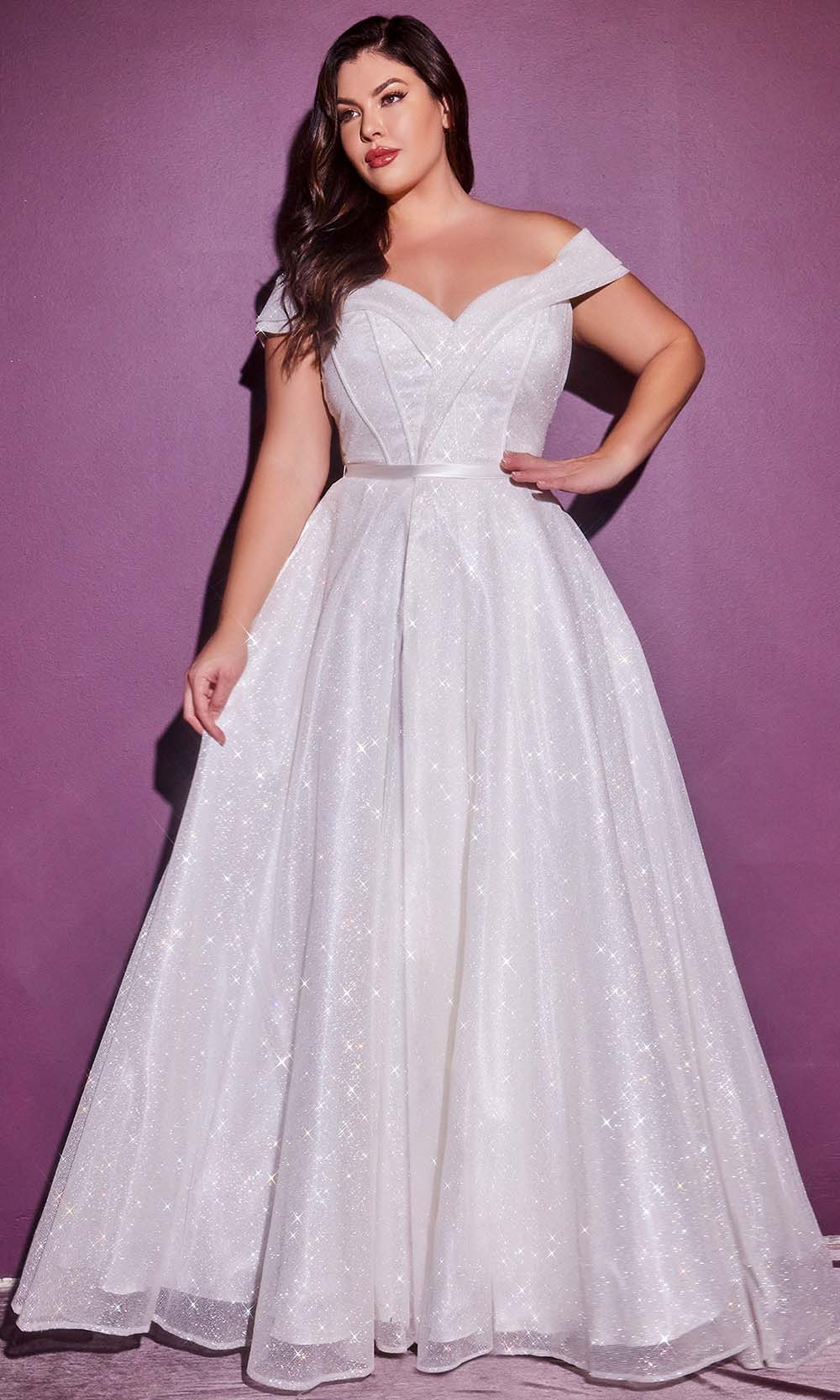 Cinderella Divine Bridals - CD214W Off Shoulder Glitter A-Line Gown
