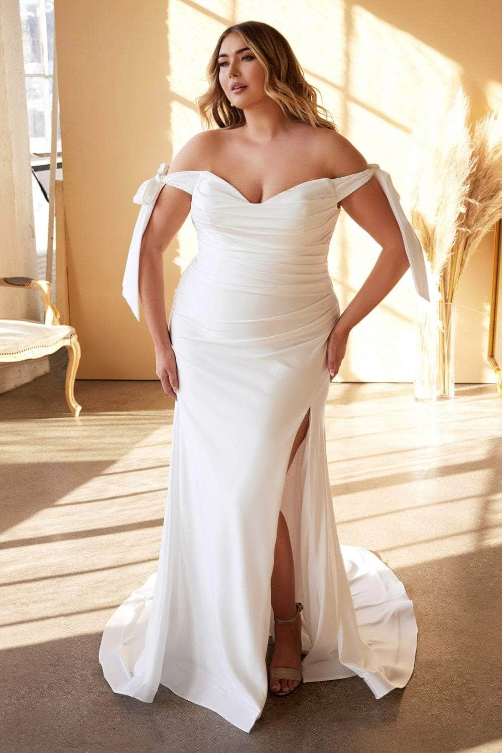 Cinderella Divine Bridals - CD944WC Off Shoulder Dress with Slit
