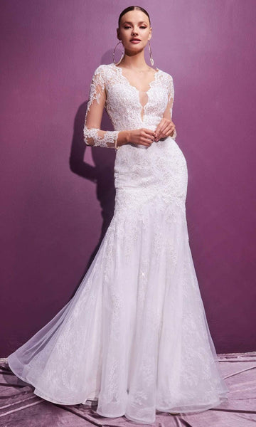 V-neck Natural Waistline Mermaid Plunging Neck Long Sleeves Sheer Open-Back Fitted Embroidered Wedding Dress with a Brush/Sweep Train