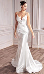 V-neck Sleeveless Empire Waistline Satin Fitted Open-Back Pleated Gathered Plunging Neck Floor Length Mermaid Wedding Dress with a Chapel Train with a Brush/Sweep Train