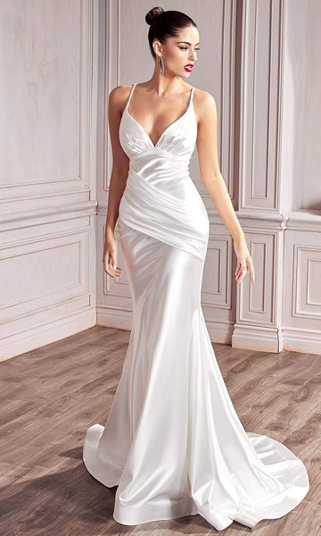 V-neck Pleated Fitted Gathered Open-Back Mermaid Satin Floor Length Sleeveless Empire Waistline Plunging Neck Wedding Dress with a Chapel Train with a Brush/Sweep Train