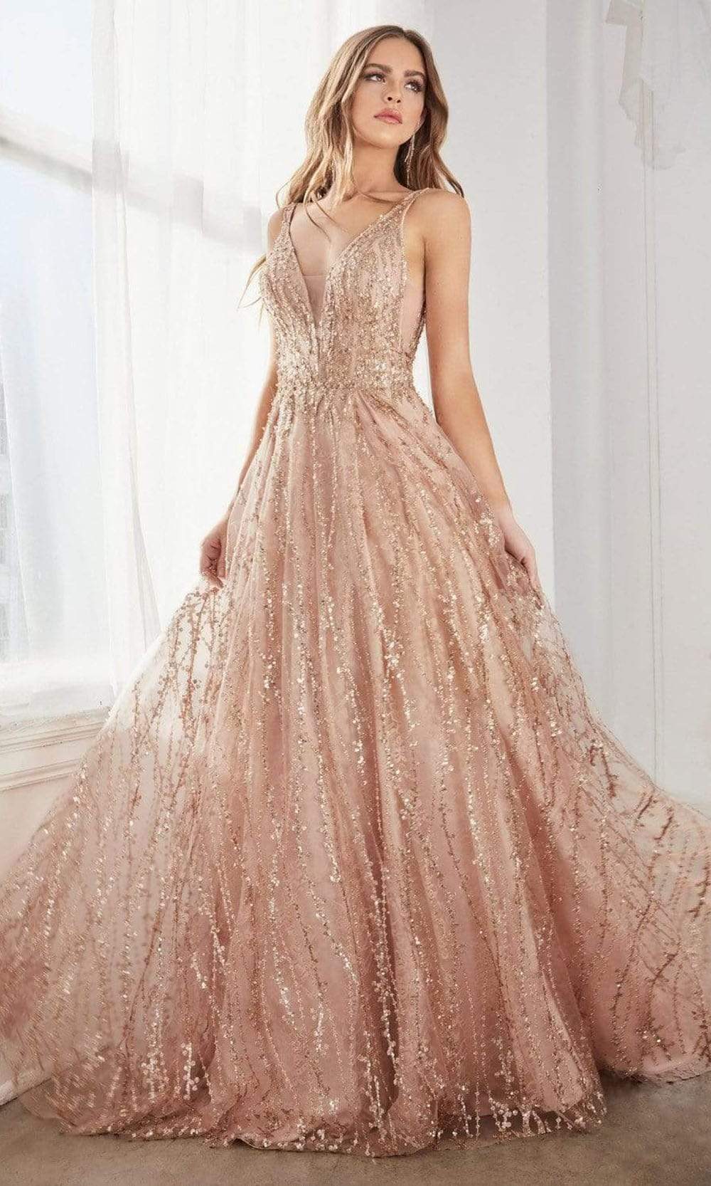 Cinderella Divine - C32 Plunging Sequined Glitter Print A-Line Gown
