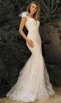 V-neck Mermaid Tulle Empire Waistline Embroidered Back Zipper Open-Back Cap Sleeves Wedding Dress