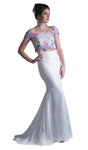 Applique Embroidered Mermaid Floral Print Lace Off the Shoulder Natural Waistline Dress with a Brush/Sweep Train