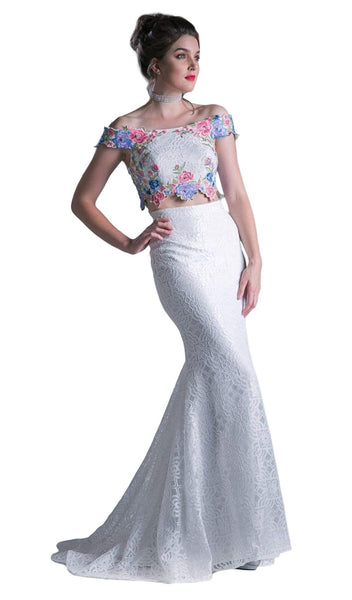 Mermaid Lace Natural Waistline Embroidered Applique Off the Shoulder Floral Print Dress with a Brush/Sweep Train
