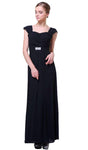 Sophisticated A-line V-neck Cap Sleeves Open-Back Pleated Jeweled Sweetheart Floor Length Dress