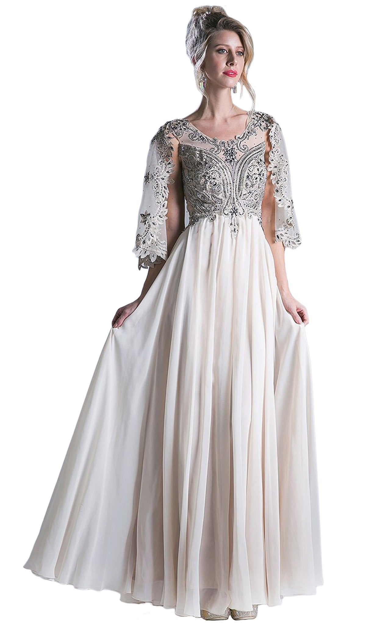 Cinderella Divine - Cape Sleeves Beaded A-line Evening Dress
