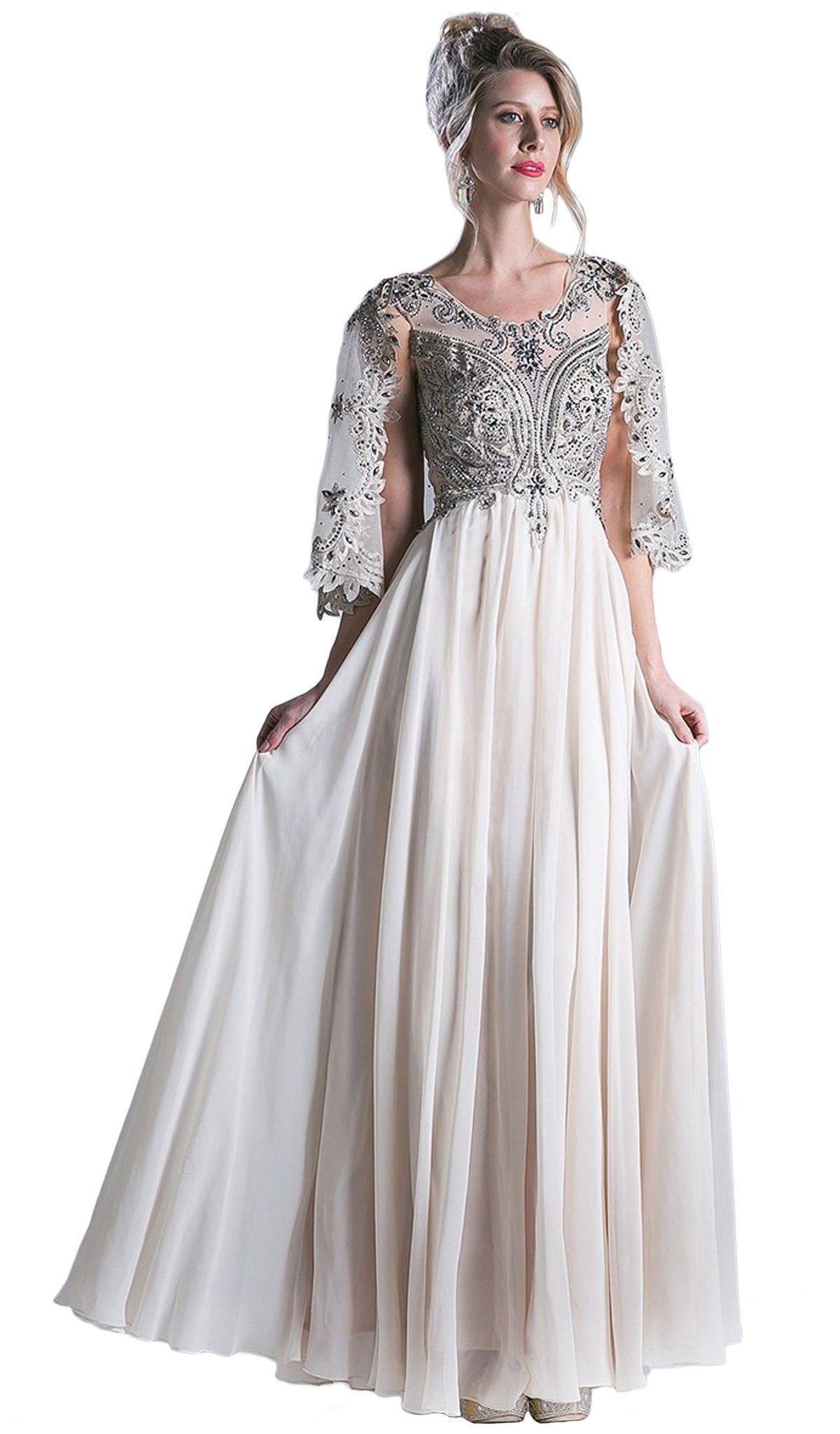 Cinderella Divine - Cape Sleeves Beaded A-line Evening Dress