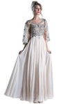 A-line Scoop Neck Sheer Applique Beaded Shirred Floor Length Evening Dress