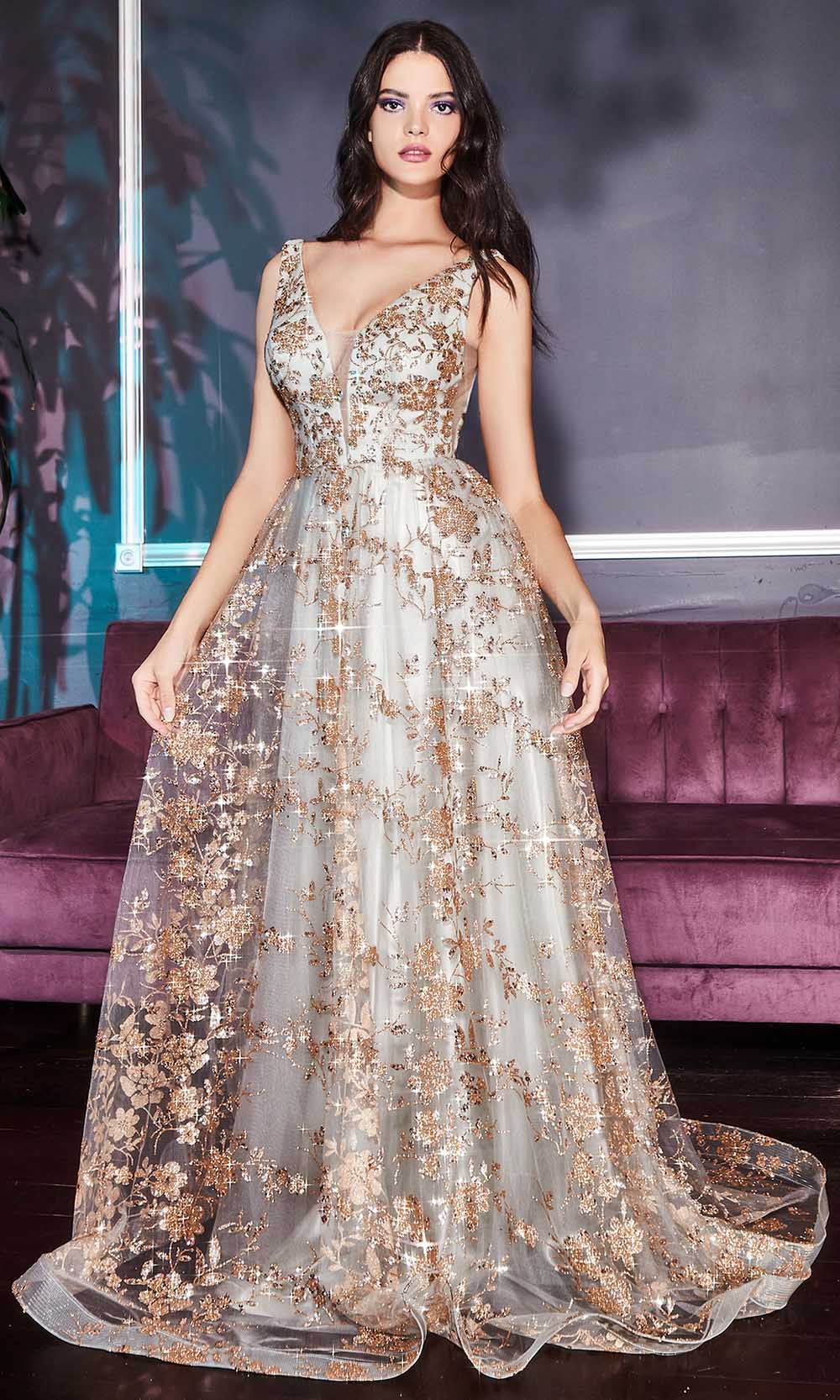 Cinderella Divine - CB068 Metallic Lace Print Glitter Junior Prom Gown
