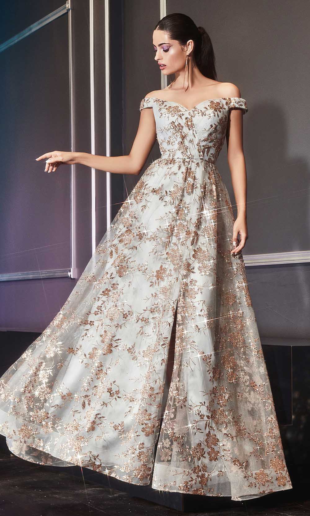 Cinderella Divine - CB069 Embellished Print Off Shoulder Gown
