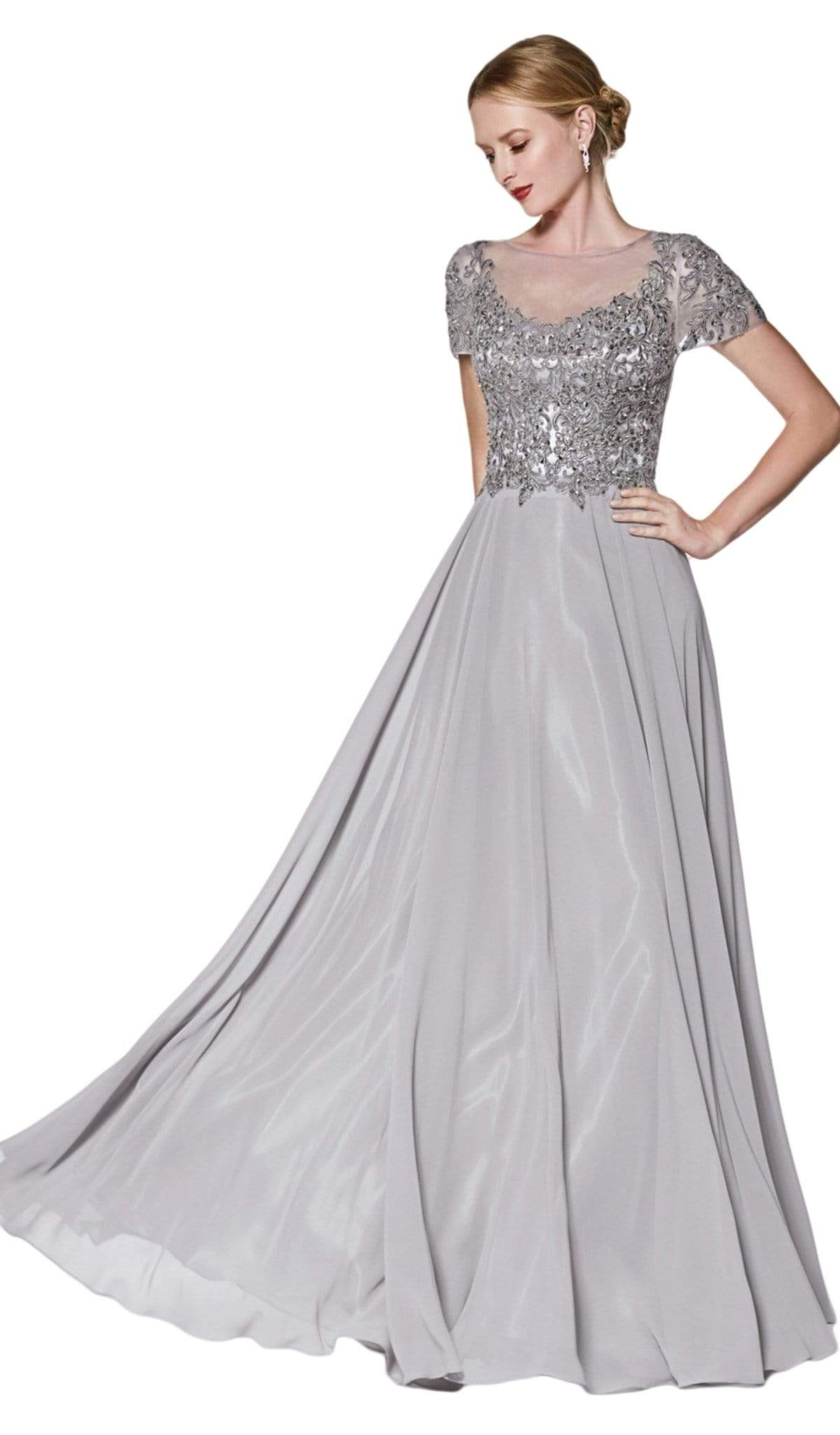 Cinderella Divine - CD0139 Short Sleeve Appliqued Illusion A-Line Gown
