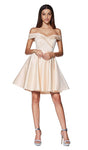 A-line Fit-and-Flare Sweetheart Satin Cocktail Above the Knee Belted Flowy V Back Beaded Back Zipper Fitted Natural Princess Seams Waistline Off the Shoulder Dress