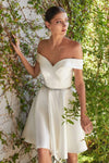 A-line Sweetheart Fit-and-Flare Satin Off the Shoulder Cocktail Above the Knee V Back Back Zipper Belted Beaded Flowy Fitted Natural Princess Seams Waistline Dress