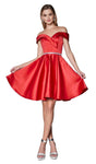 A-line Fit-and-Flare Cocktail Above the Knee Off the Shoulder Beaded Belted Back Zipper V Back Flowy Fitted Natural Princess Seams Waistline Sweetheart Satin Dress