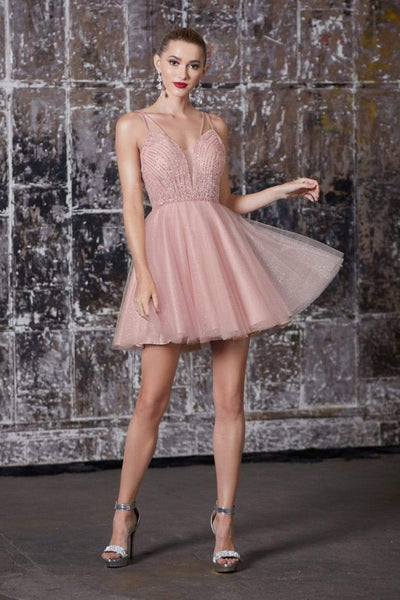 A-line V-neck Fit-and-Flare Tulle Sleeveless Glittering Fitted Back Zipper Beaded Open-Back Mesh Sheer Natural Waistline Plunging Neck Cocktail Above the Knee Homecoming Dress/Party Dress