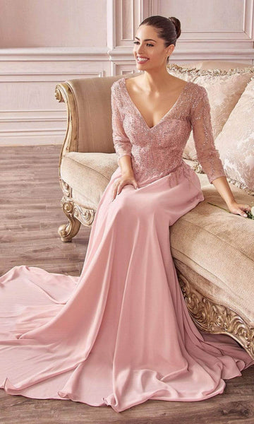 A-line V-neck Portrait Neck Sweetheart Sheer Beaded Gathered Natural Waistline Full-Skirt 3/4 Sleeves Chiffon Evening Dress with a Brush/Sweep Train