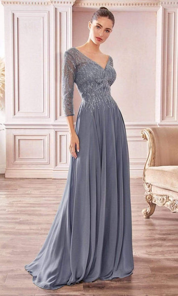 A-line V-neck Full-Skirt Chiffon Portrait Neck Sweetheart 3/4 Sleeves Gathered Beaded Sheer Natural Waistline Evening Dress with a Brush/Sweep Train