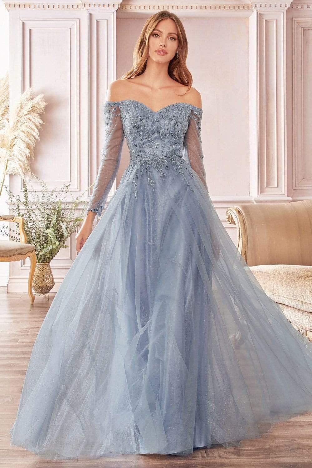 Cinderella Divine - CD0172 Off-Shoulder Beaded Glitter Tulle Gown
