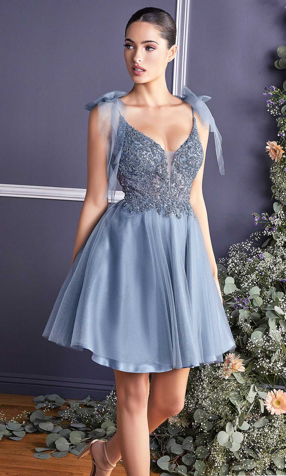 Cinderella Divine - CD0174 Embellished Deep V Neck A-line Dress
