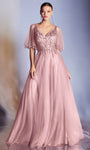 A-line V-neck Sheer V Back Natural Waistline Bell Sleeves Floor Length Dress