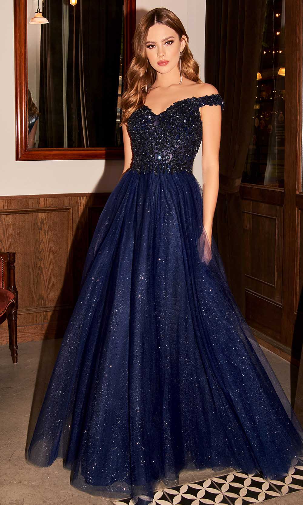 Cinderella Divine - CD0177 Metallic Lace Appliqued Glitter Tulle Gown
